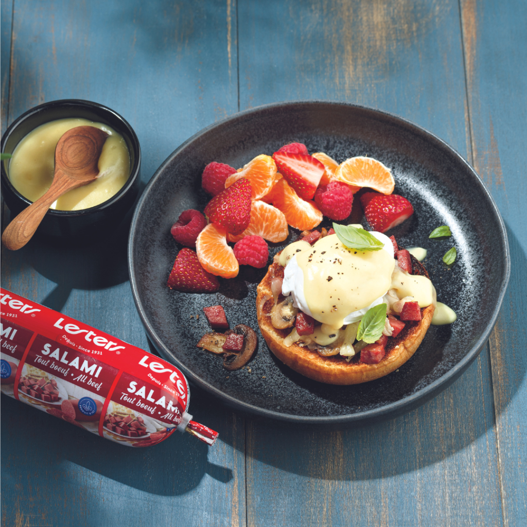 Eggs Benedict with beef salami and mushrooms - Lesters
